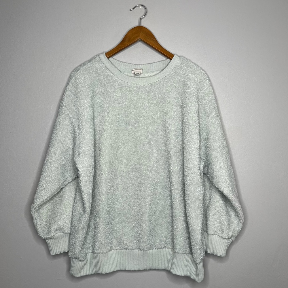 A New Day Crewneck Pullover Long Sleeve Sea Foam Green Teddy Fleece Sweater DD